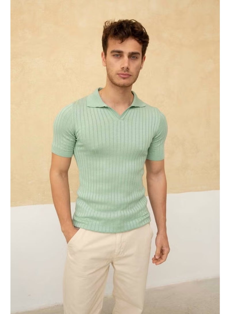 Cool Tarz Cool Style Men's Ribbed Polo Neck Knit T-Shirt - Image 2